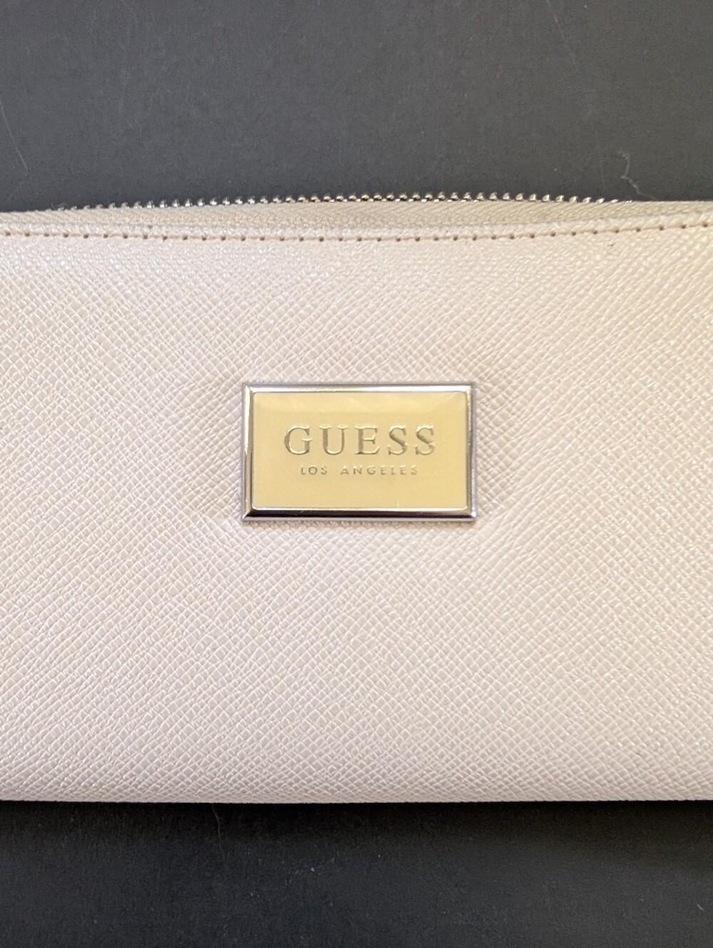 GUESS Cream Saffiano Zip-Around Wallet with Gold Plaque